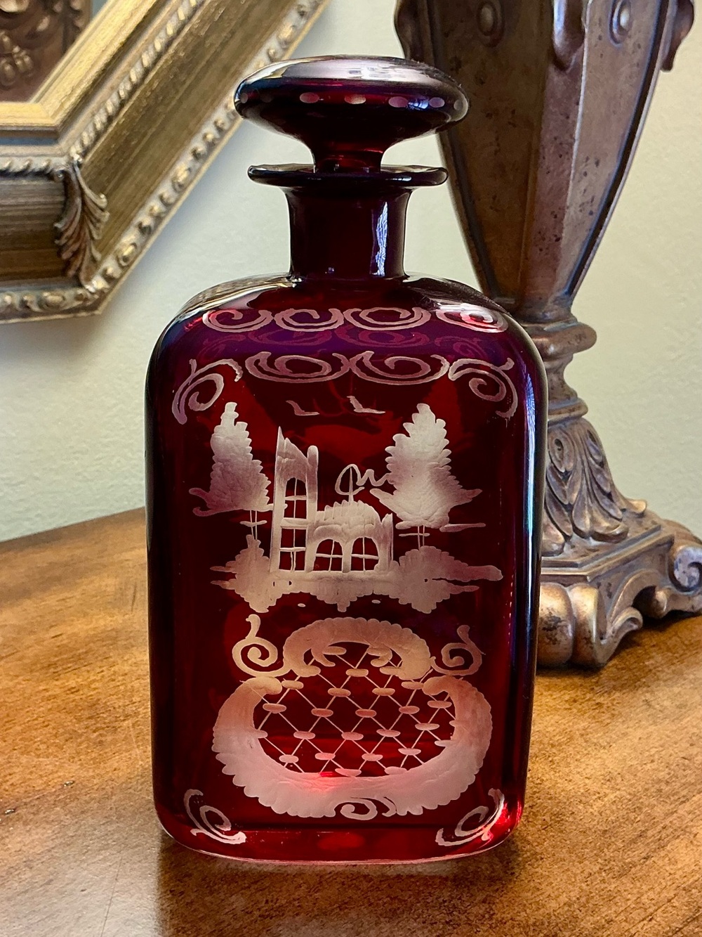 Bohemian Egermann Ruby Red Cut to Clear Glass Decanter with Stopper - Picture 3 of 8